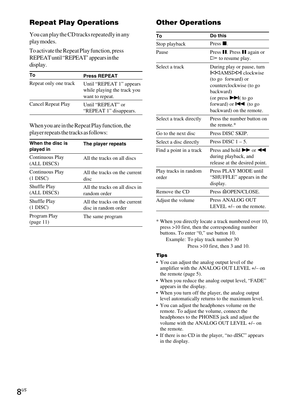 Repeat play operations, Other operations | Sony CDP-C5CS User Manual | Page 8 / 16