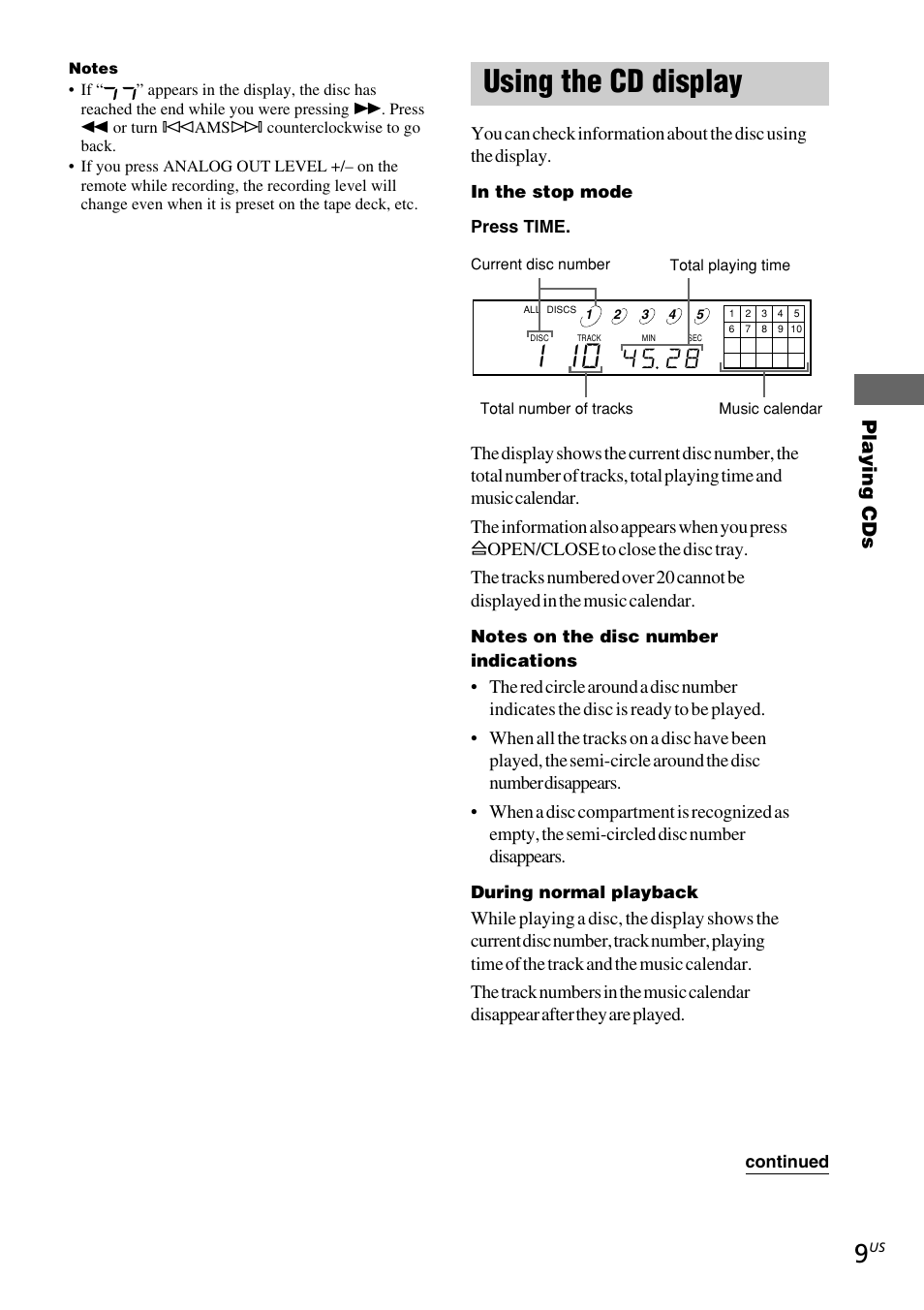 Using the cd display, Playing cds | Sony CDP-C5CS User Manual | Page 9 / 16