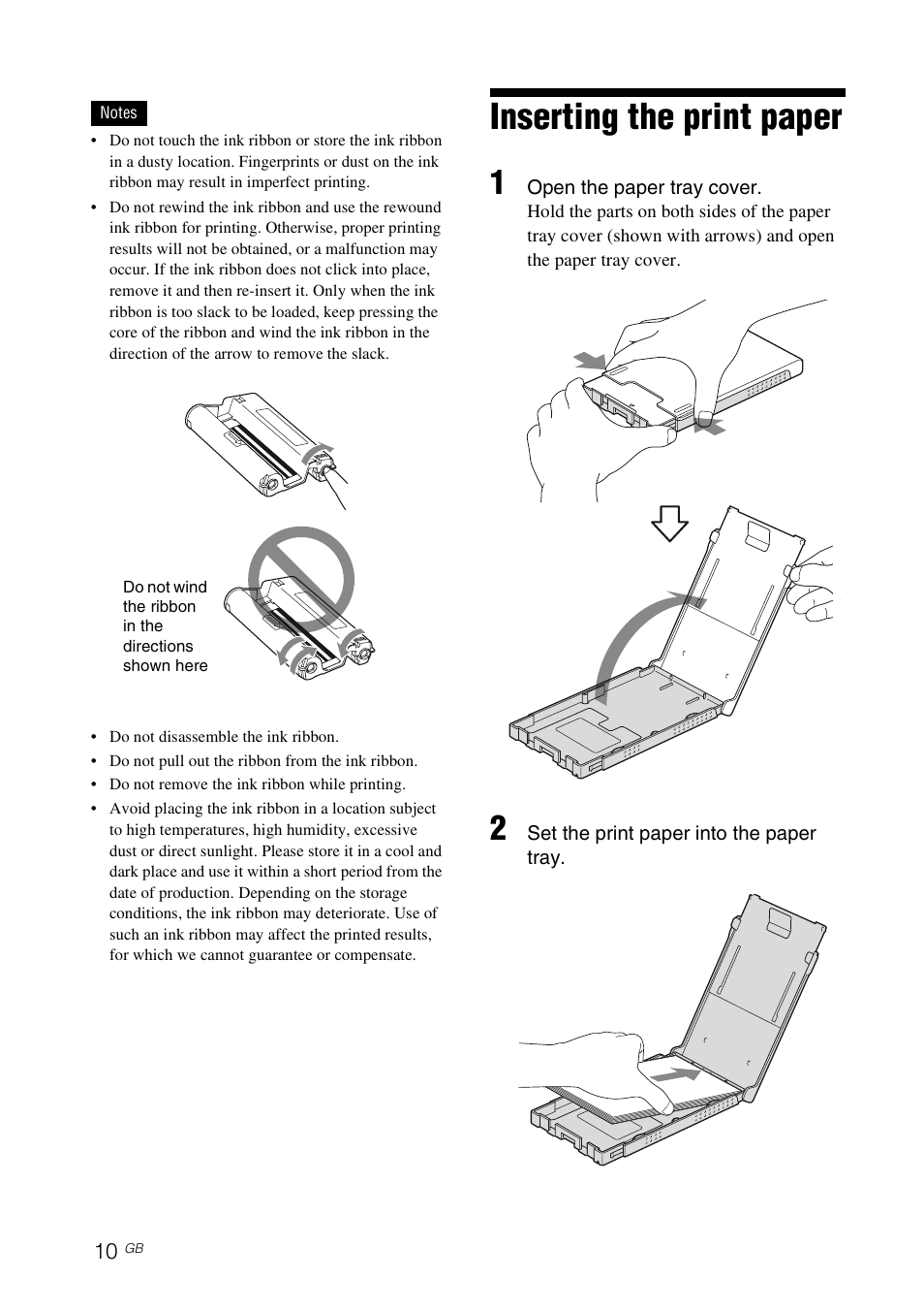 Inserting the print paper | Sony DPP-FP65 User Manual | Page 10 / 72