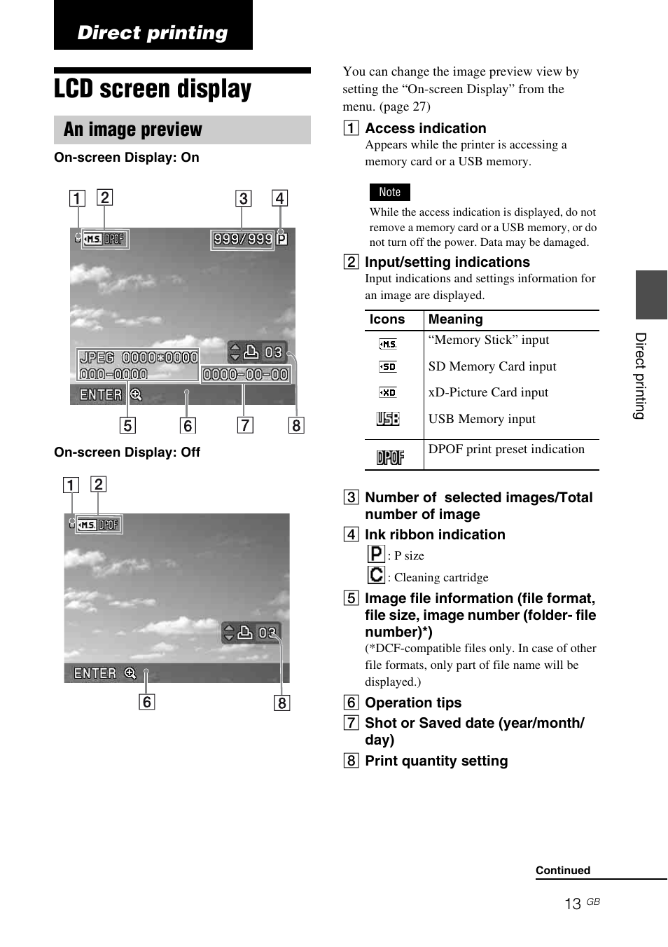 Direct printing, Lcd screen display, An image preview | Sony DPP-FP65 User Manual | Page 13 / 72