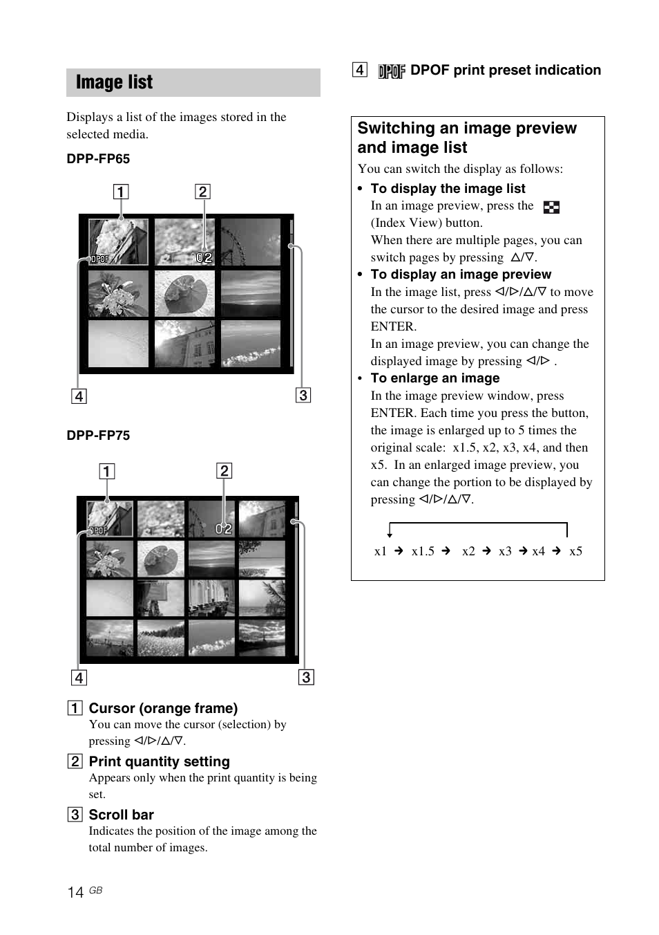 Image list, Switching an image preview and image list | Sony DPP-FP65 User Manual | Page 14 / 72