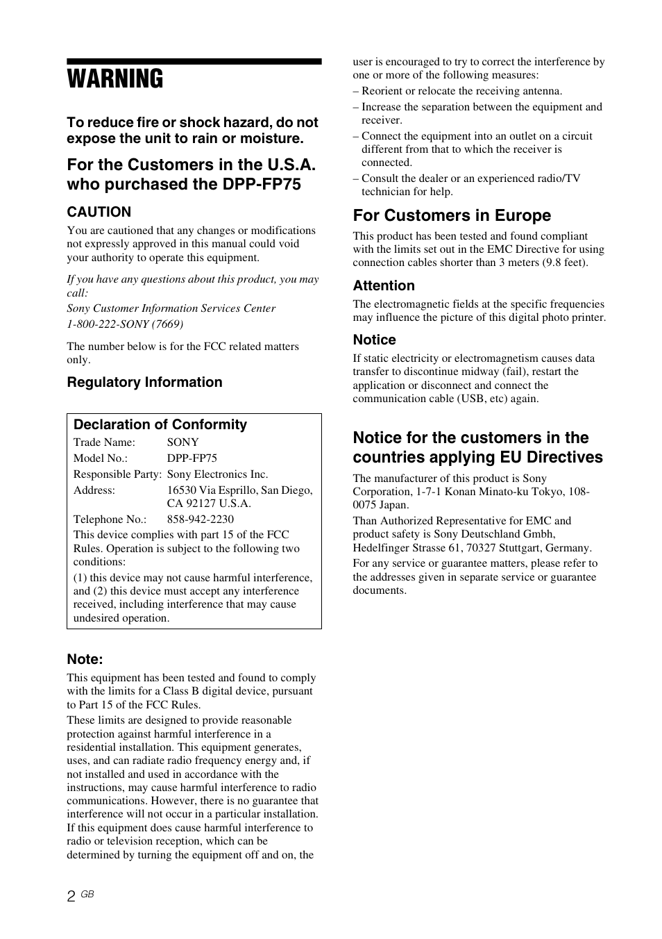 Warning, For customers in europe | Sony DPP-FP65 User Manual | Page 2 / 72