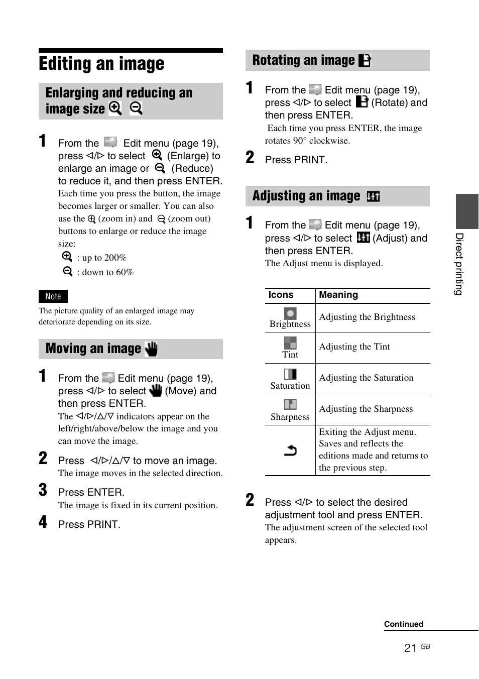 Editing an image, Enlarging and reducing an image size, Moving an image | Rotating an image, Adjusting an image, It (21, E (21) | Sony DPP-FP65 User Manual | Page 21 / 72