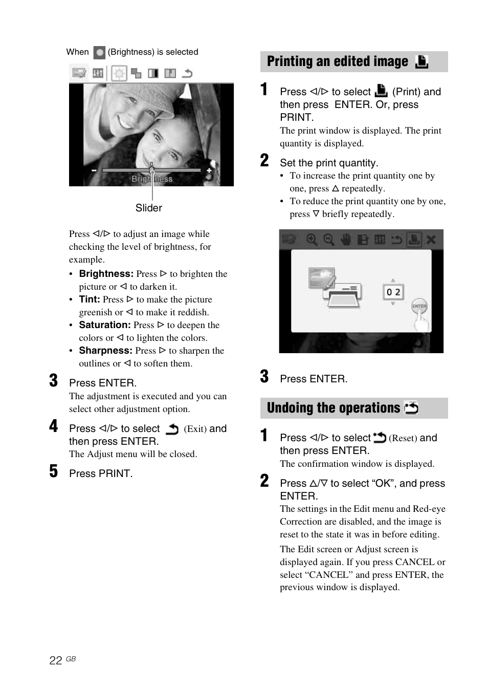 Printing an edited image, Undoing the operations, Printing an edited image undoing the operations | Sony DPP-FP65 User Manual | Page 22 / 72