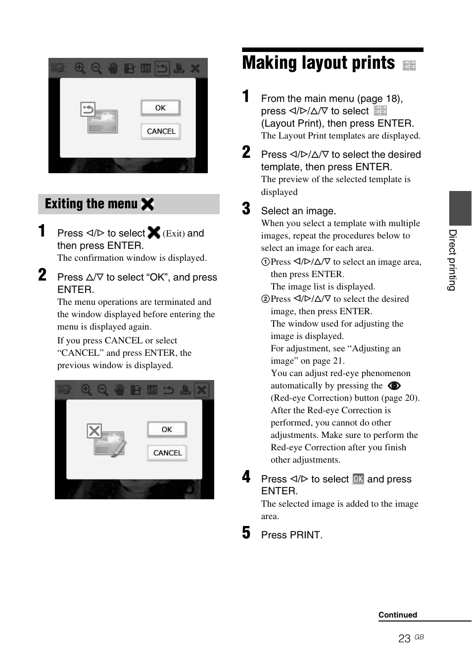 Exiting the menu, Making layout prints | Sony DPP-FP65 User Manual | Page 23 / 72