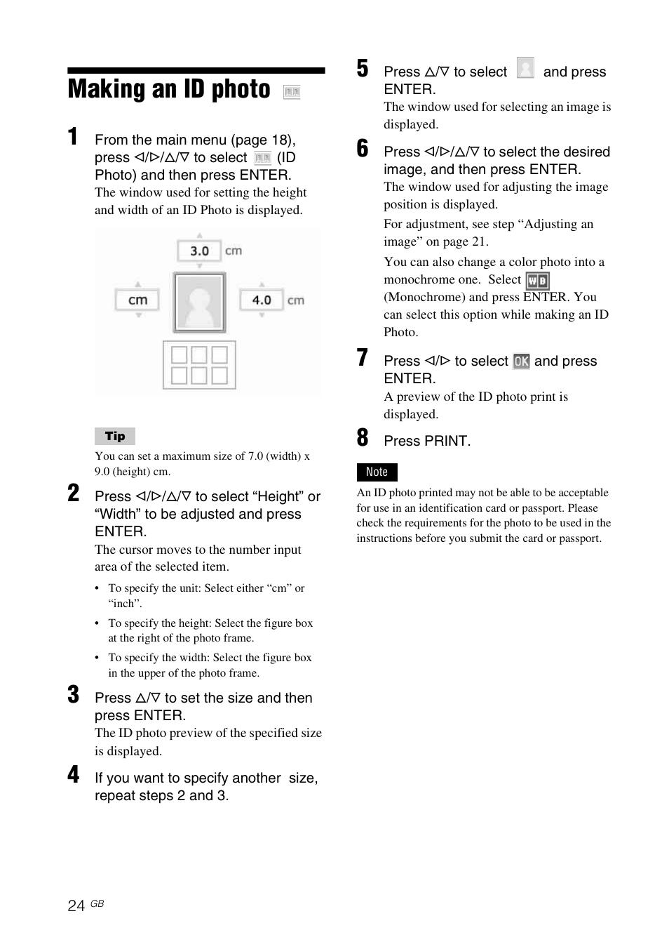 Making an id photo, O (24) | Sony DPP-FP65 User Manual | Page 24 / 72