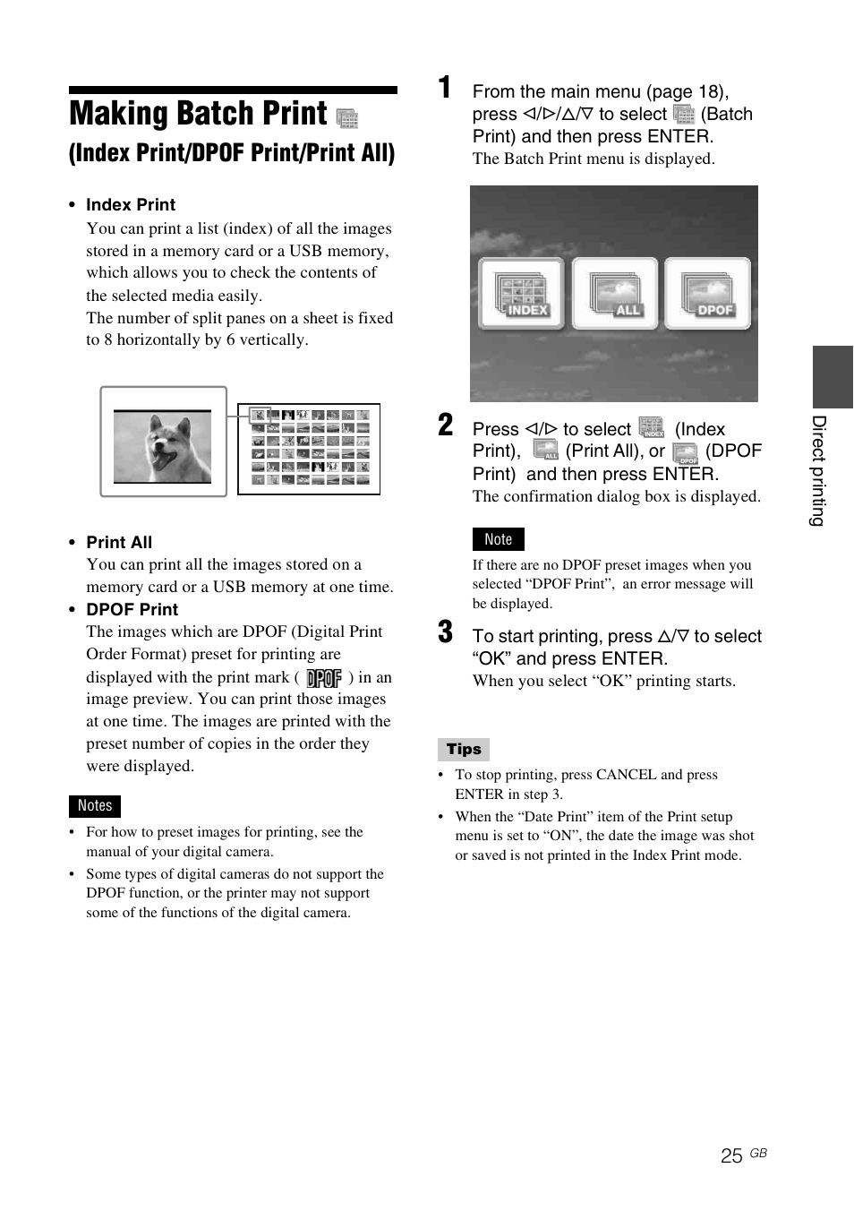 T (25), Making batch print, Index print/dpof print/print all) | Sony DPP-FP65 User Manual | Page 25 / 72