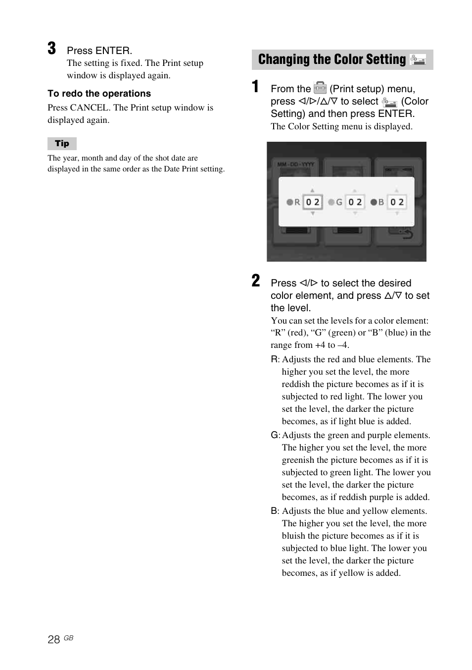 Changing the color setting | Sony DPP-FP65 User Manual | Page 28 / 72