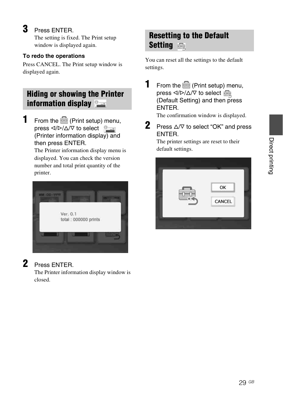 Hiding or showing the printer information display, Resetting to the default setting | Sony DPP-FP65 User Manual | Page 29 / 72