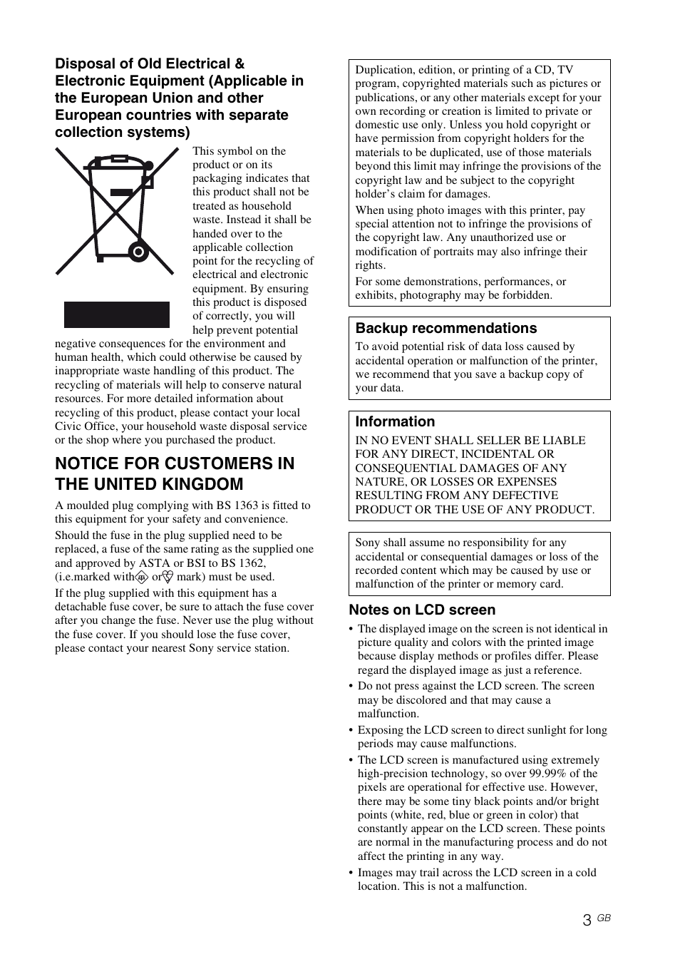 Notice for customers in the united kingdom | Sony DPP-FP65 User Manual | Page 3 / 72