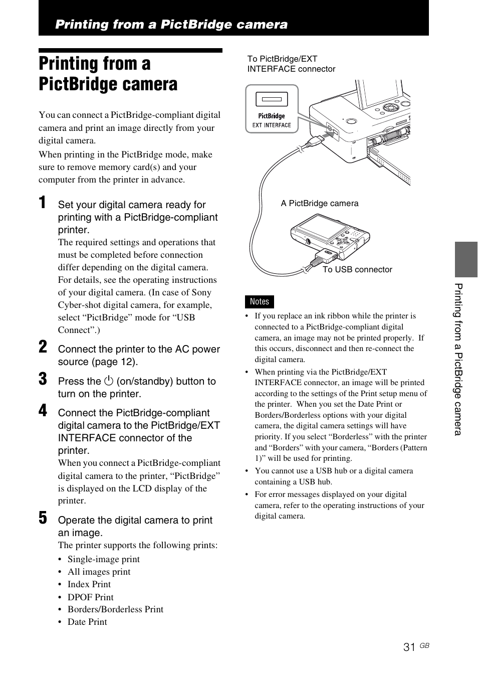 Printing from a pictbridge camera, Printing from a pictbridge, Camera | Es 31 | Sony DPP-FP65 User Manual | Page 31 / 72