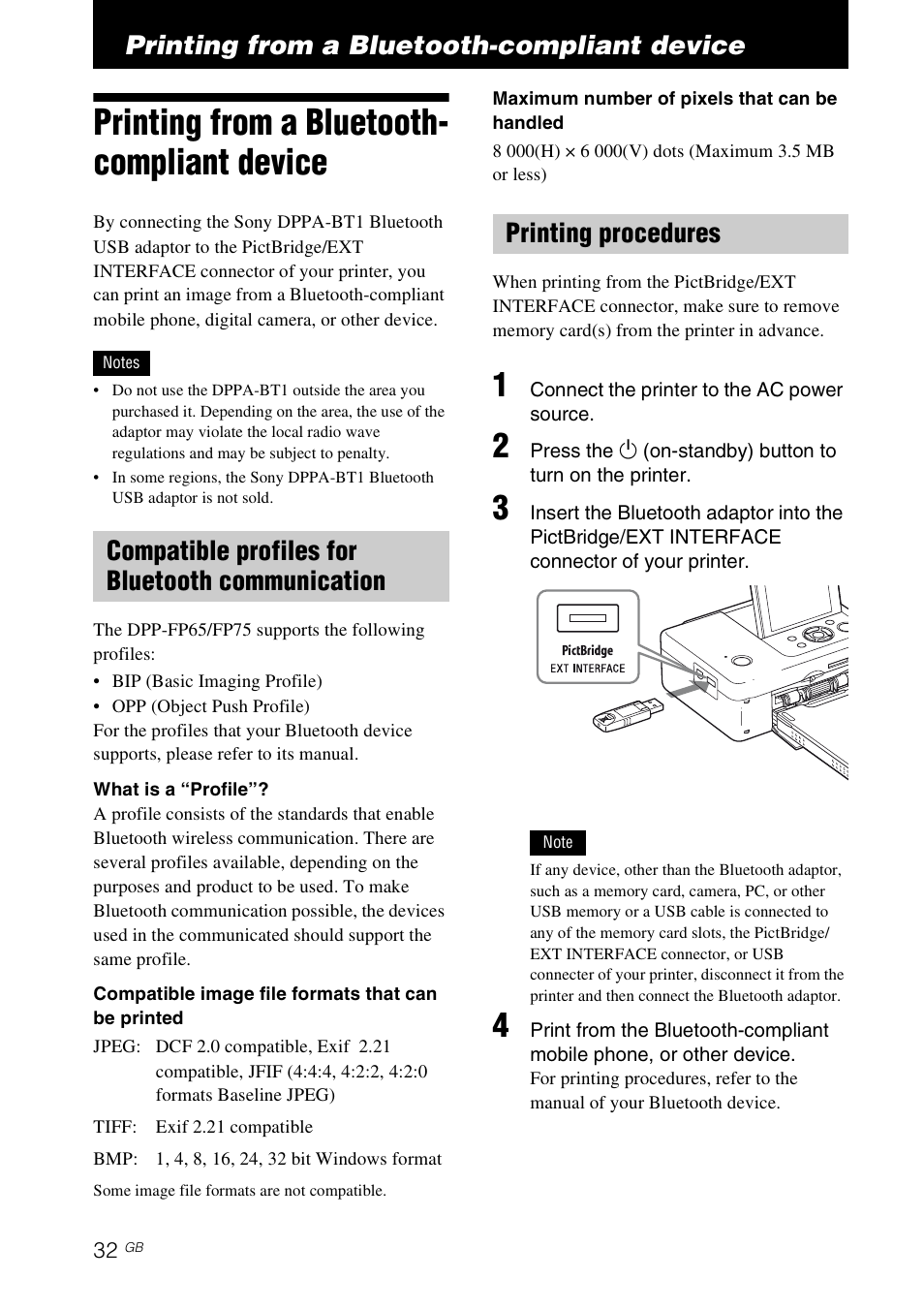 Printing from a bluetooth-compliant device, Printing from a bluetooth- compliant device, Compatible profiles for bluetooth communication | Printing procedures, Printing from a bluetooth, Compliant device | Sony DPP-FP65 User Manual | Page 32 / 72