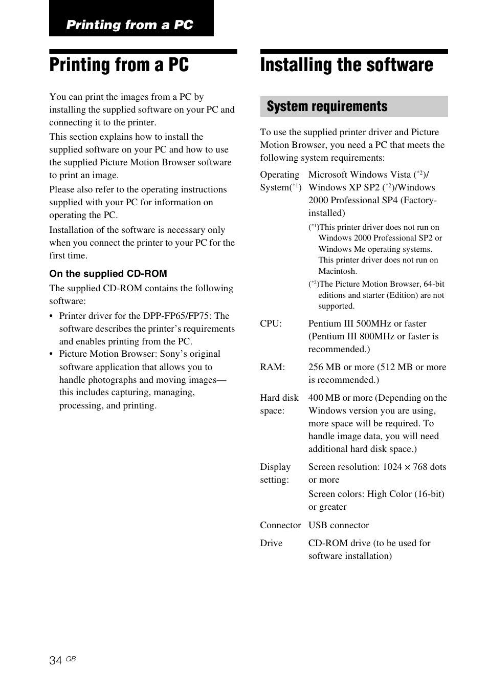 Printing from a pc, Installing the software, System requirements | Sony DPP-FP65 User Manual | Page 34 / 72