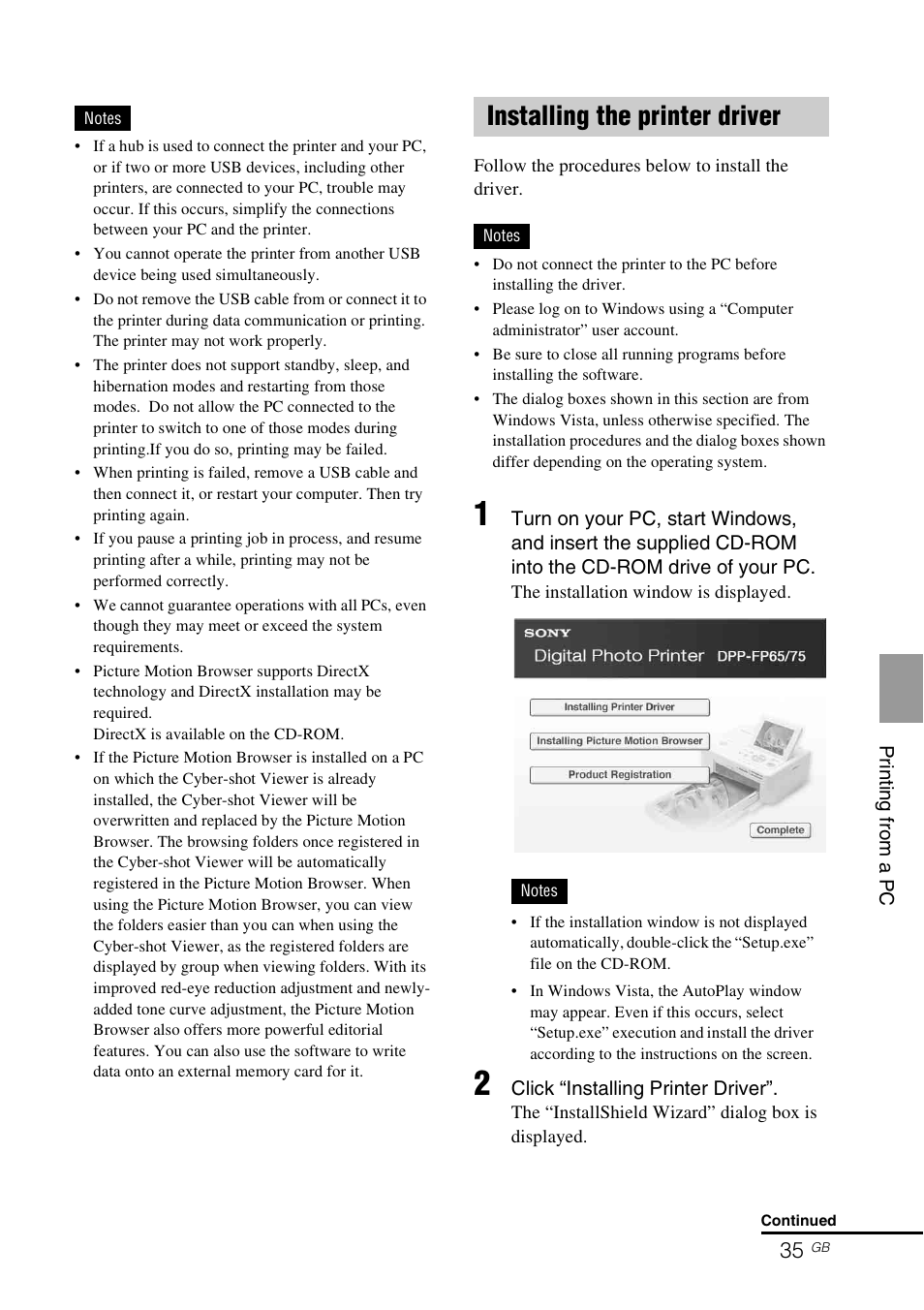 Installing the printer driver | Sony DPP-FP65 User Manual | Page 35 / 72