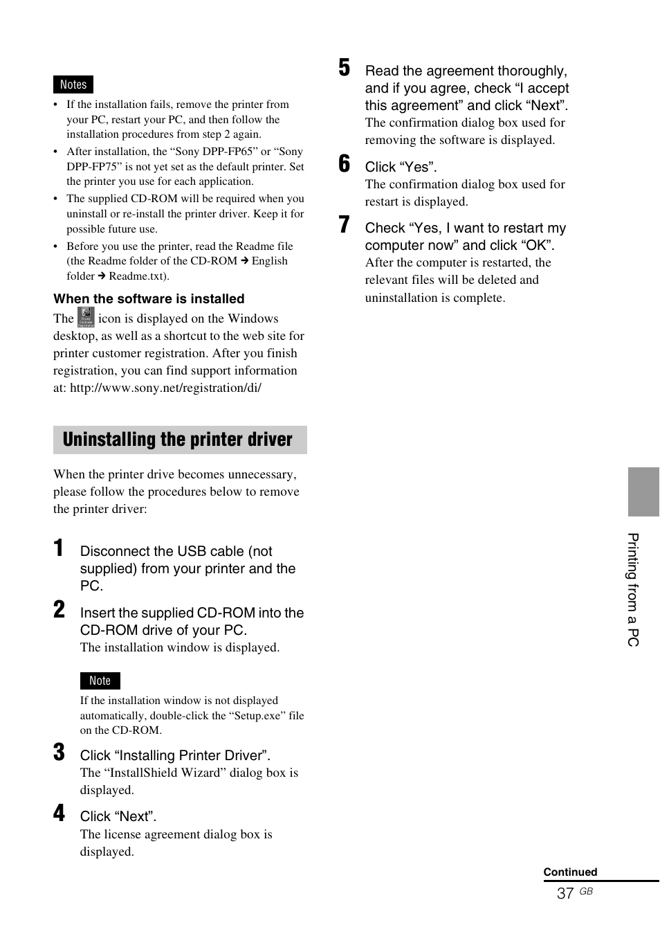 Uninstalling the printer driver | Sony DPP-FP65 User Manual | Page 37 / 72