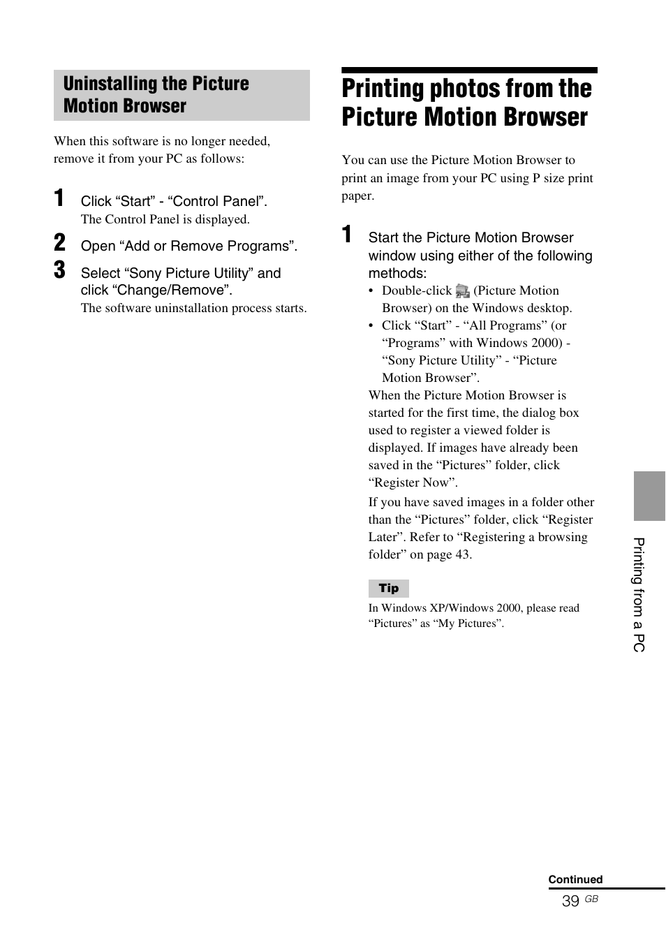Uninstalling the picture motion browser, Printing photos from the picture motion browser | Sony DPP-FP65 User Manual | Page 39 / 72