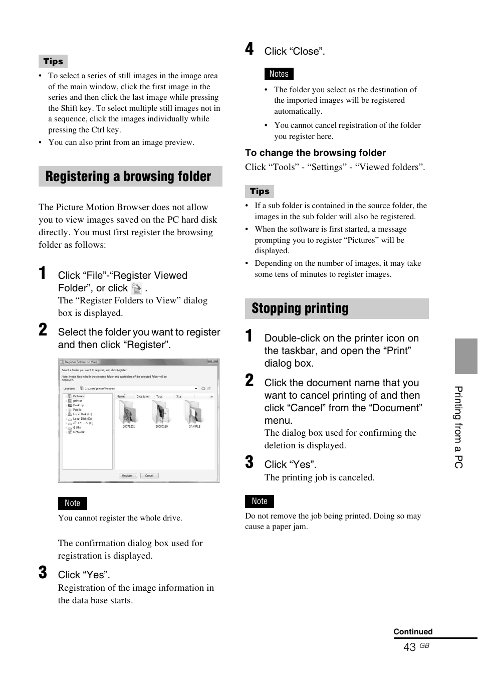 Registering a browsing folder, Stopping printing, Registering a browsing folder stopping printing | Sony DPP-FP65 User Manual | Page 43 / 72