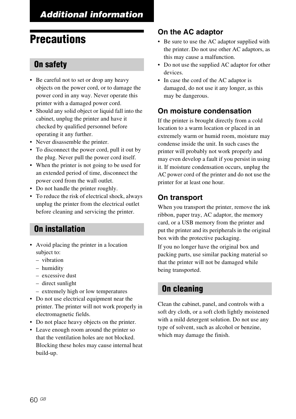 Additional information, Precautions, On safety | On installation, On cleaning, On safety on installation on cleaning | Sony DPP-FP65 User Manual | Page 60 / 72