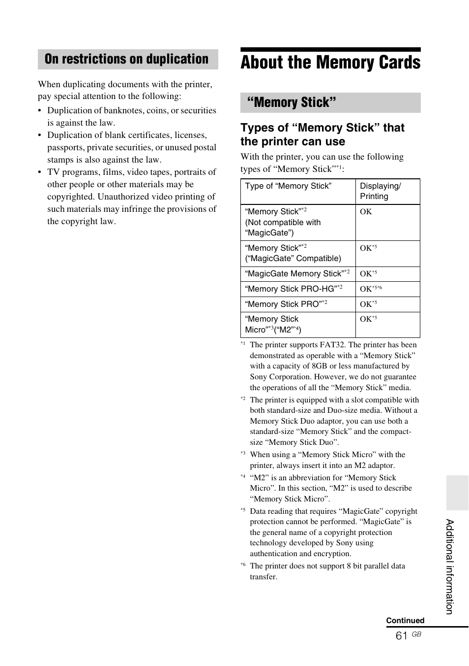 On restrictions on duplication, About the memory cards, Memory stick | 61 t, Ad diti on al i n fo rma tio n | Sony DPP-FP65 User Manual | Page 61 / 72