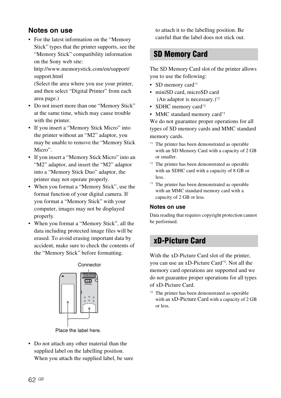 Sd memory card, Xd-picture card, Sd memory card xd-picture card | Sony DPP-FP65 User Manual | Page 62 / 72