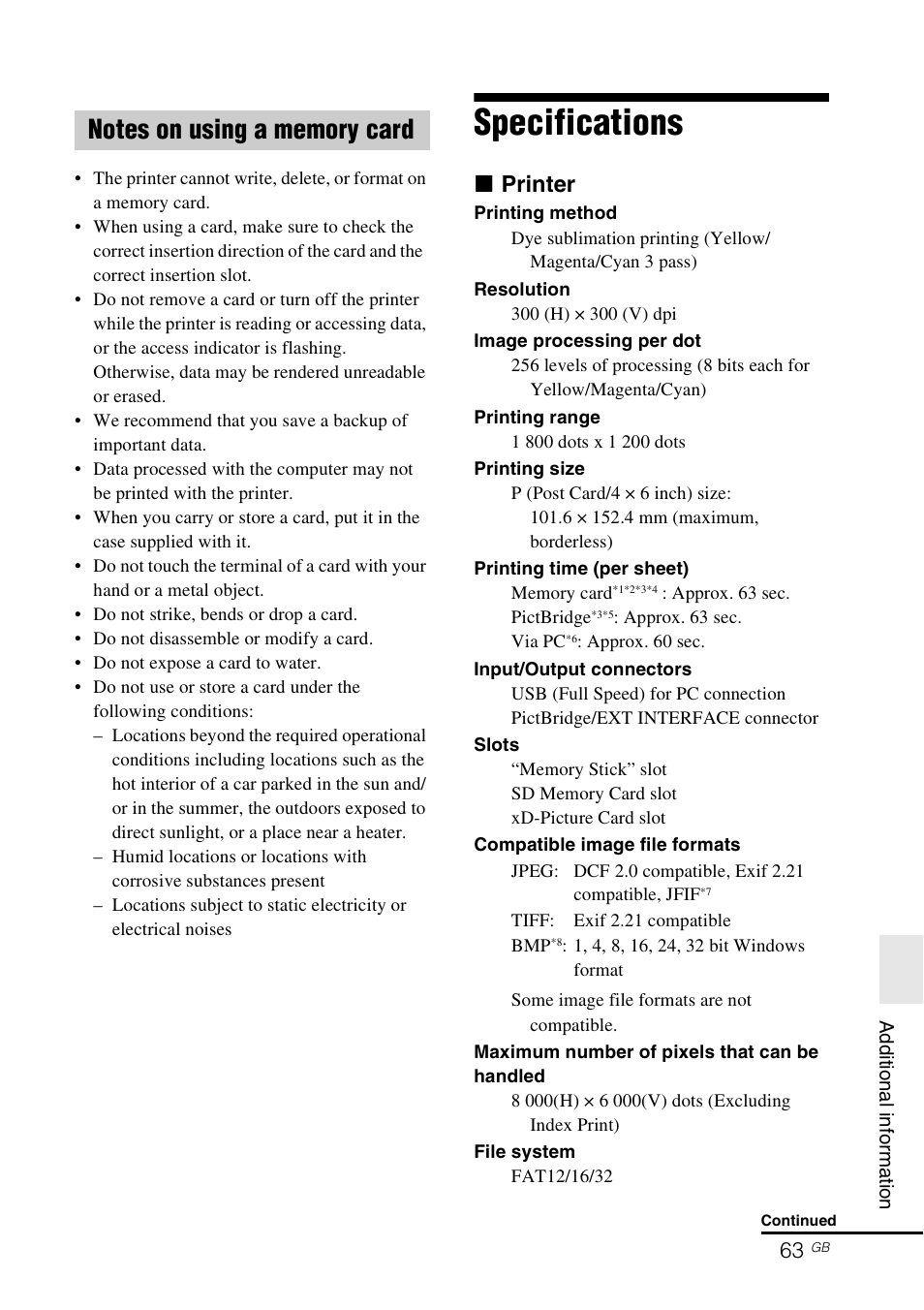 Notes on using a memory card, Specifications, X printer | Sony DPP-FP65 User Manual | Page 63 / 72