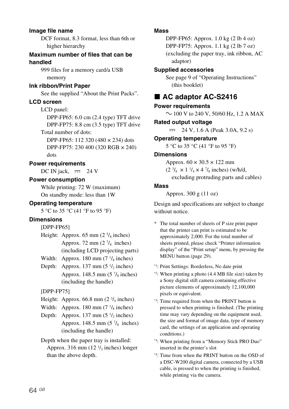 X ac adaptor ac-s2416 | Sony DPP-FP65 User Manual | Page 64 / 72