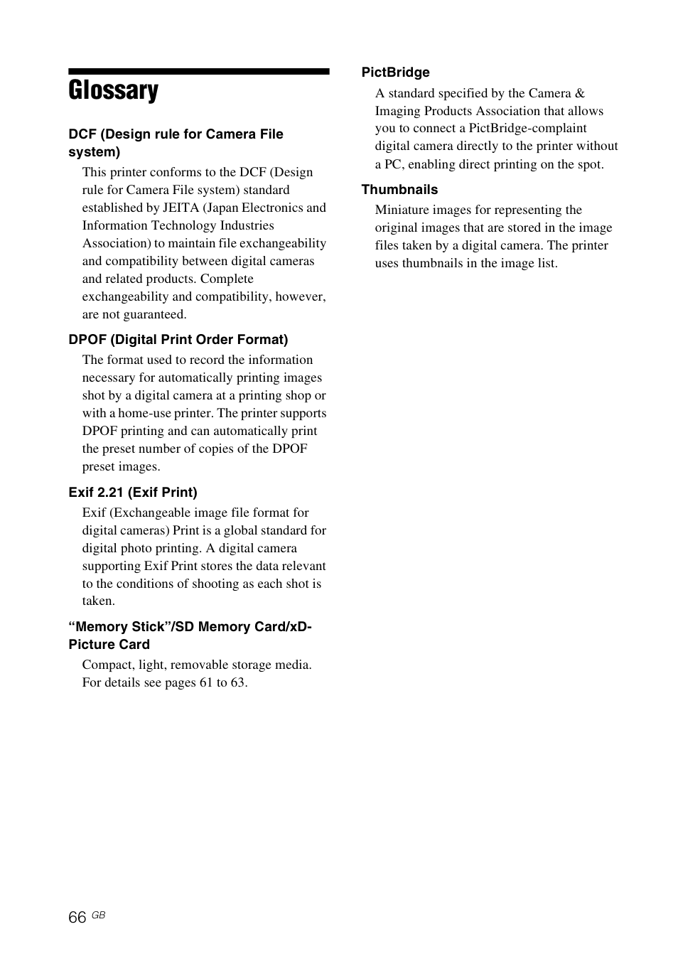 Glossary | Sony DPP-FP65 User Manual | Page 66 / 72