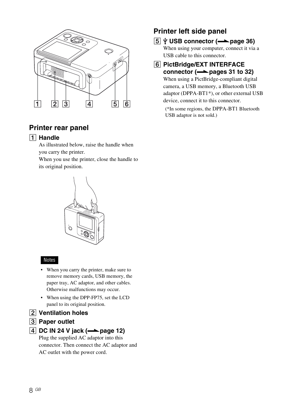 Printer rear panel, Printer left side panel | Sony DPP-FP65 User Manual | Page 8 / 72