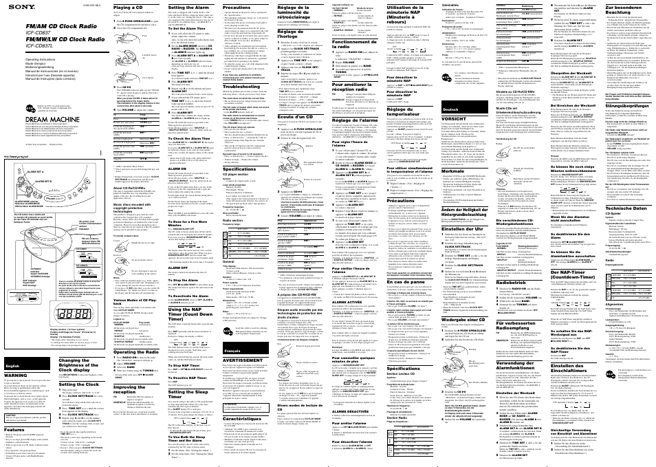 Sony Dream Machine ICF-CD837L User Manual | 2 pages