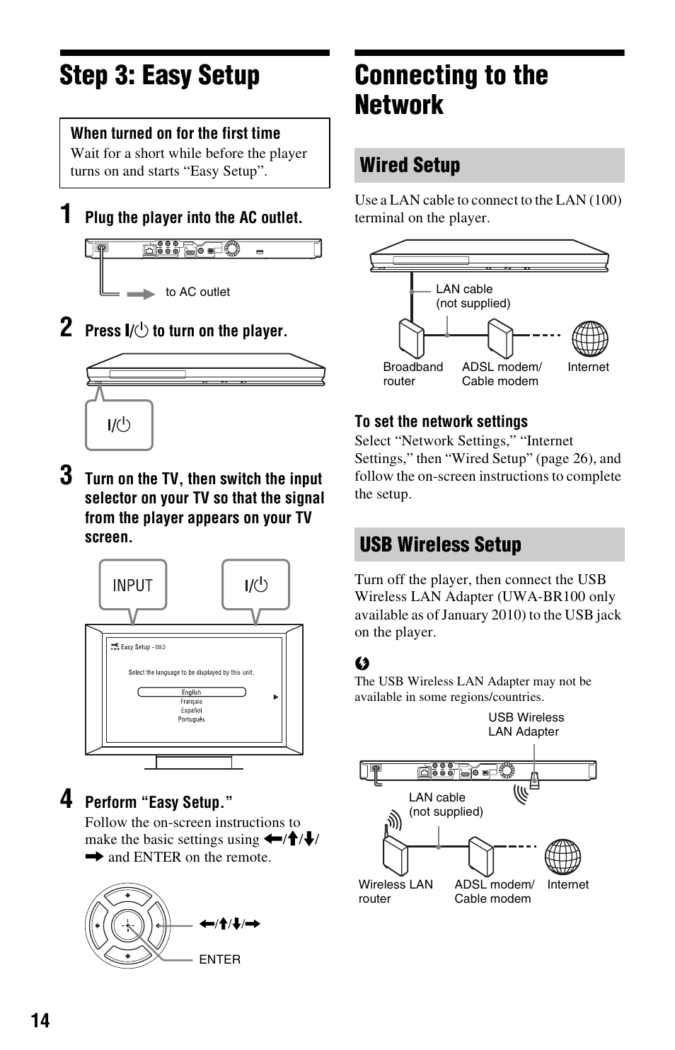 Step 3: easy setup, Connecting to the network, Step 3: easy setup connecting to the network | Step 3: easy setup 1, Wired setup usb wireless setup | Sony BDP-S270 User Manual | Page 14 / 35