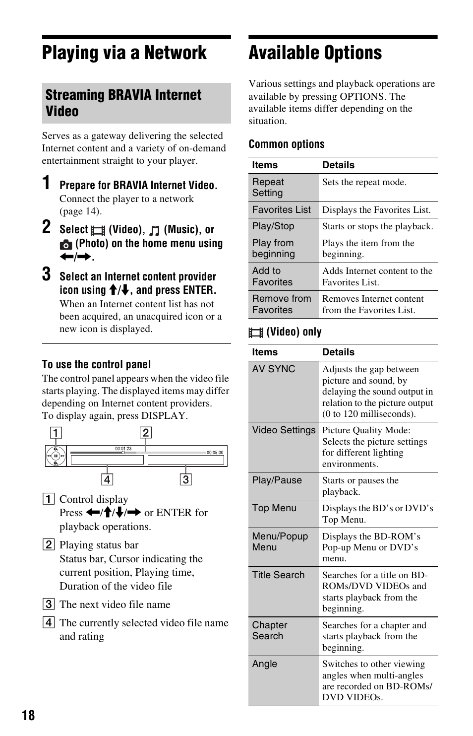 Playing via a network, Available options, Playing via a network available options | Streaming bravia internet video | Sony BDP-S270 User Manual | Page 18 / 35