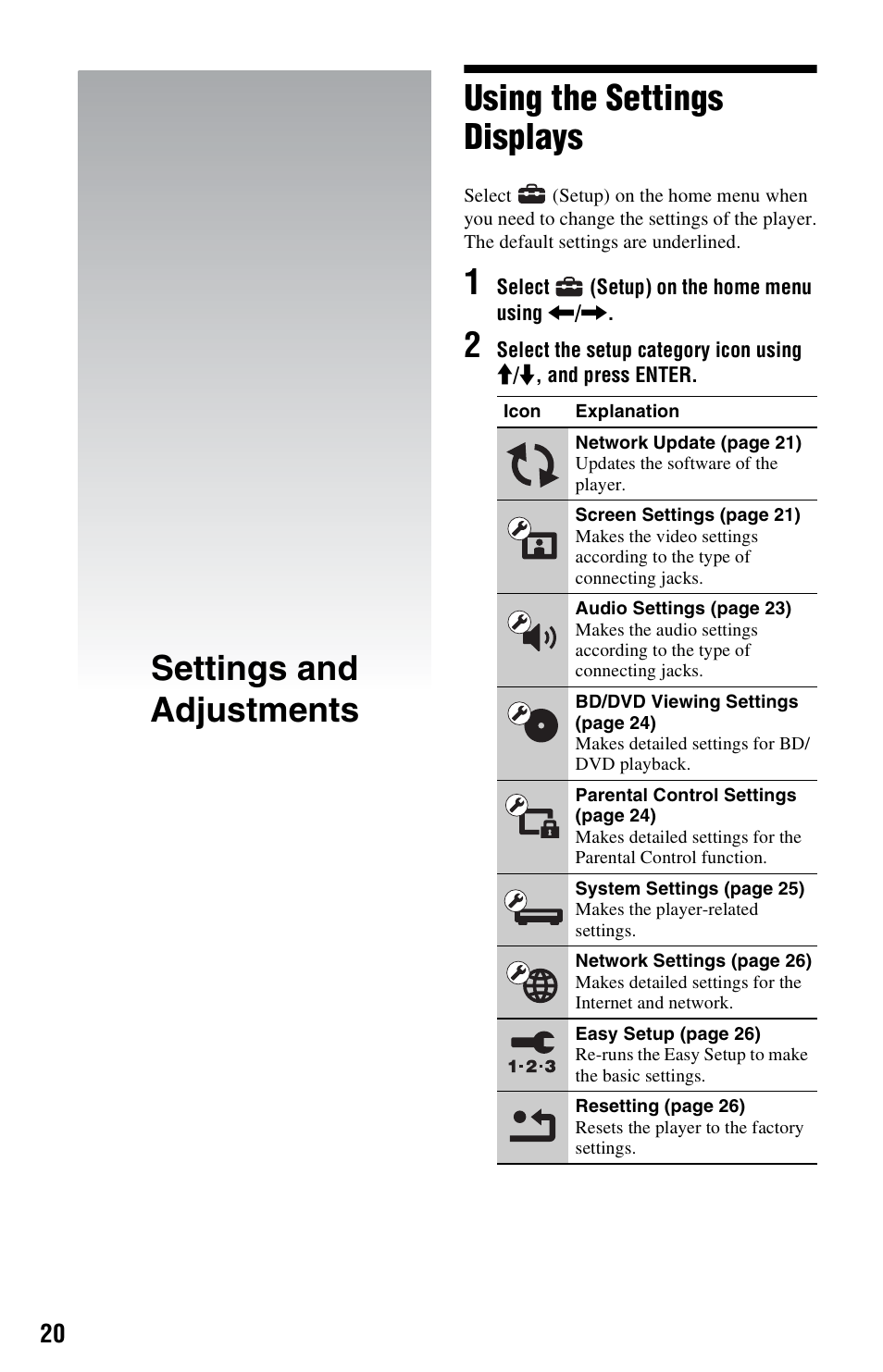 Settings and adjustments, Using the settings displays | Sony BDP-S270 User Manual | Page 20 / 35