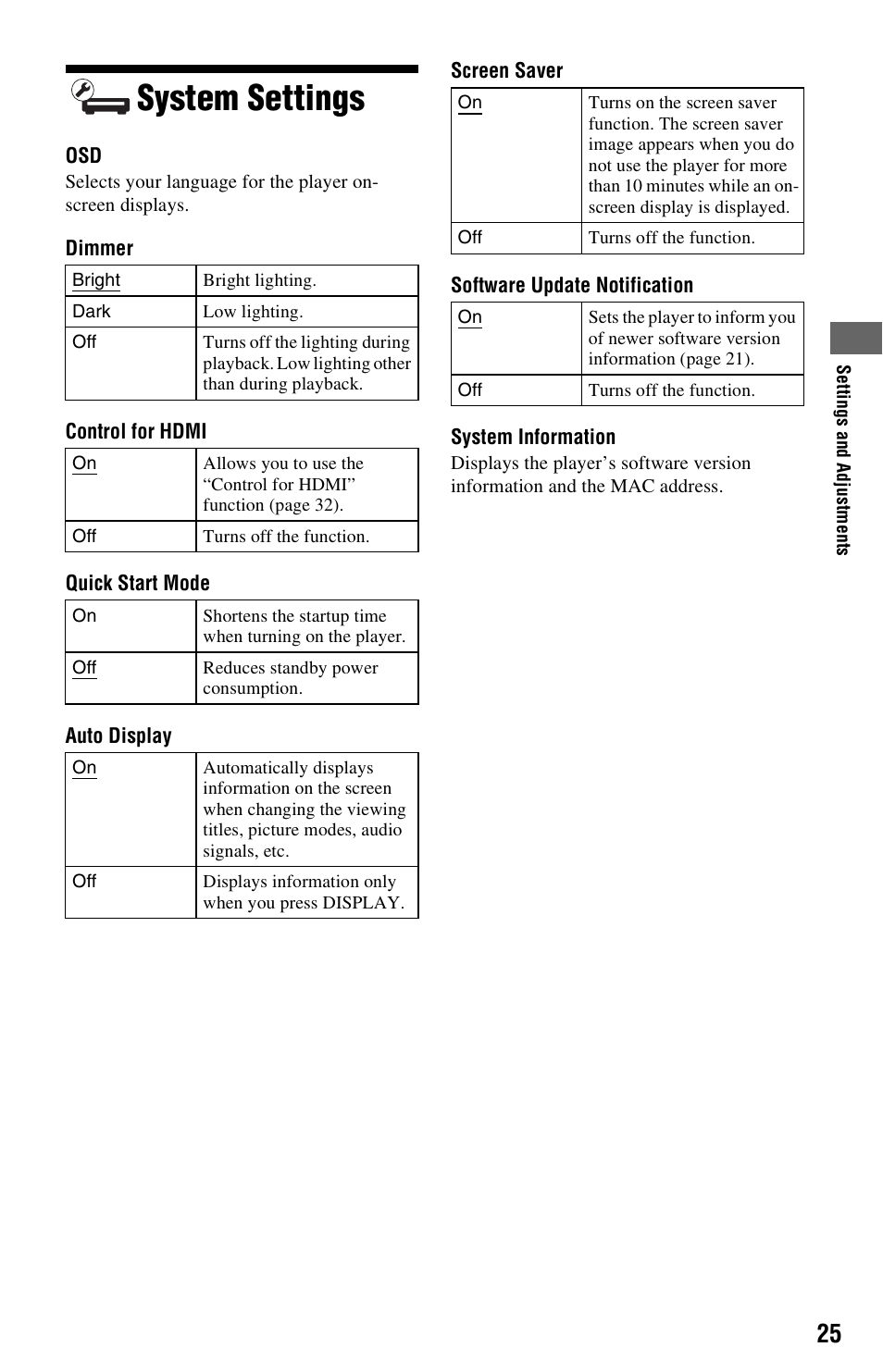 System settings | Sony BDP-S270 User Manual | Page 25 / 35