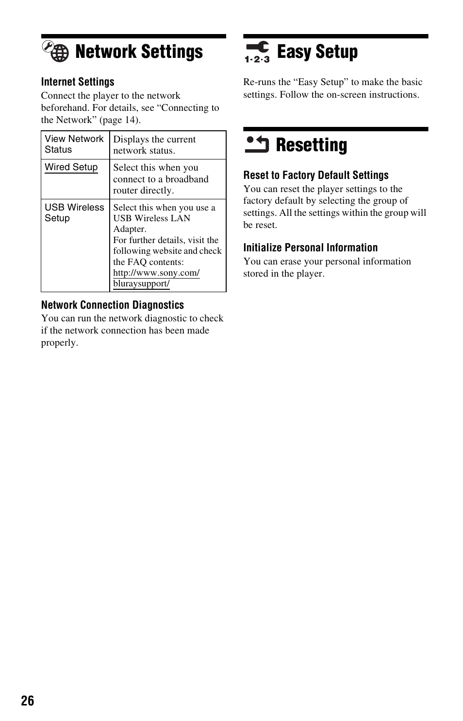 Network settings, Easy setup, Resetting | Network settings easy setup resetting | Sony BDP-S270 User Manual | Page 26 / 35