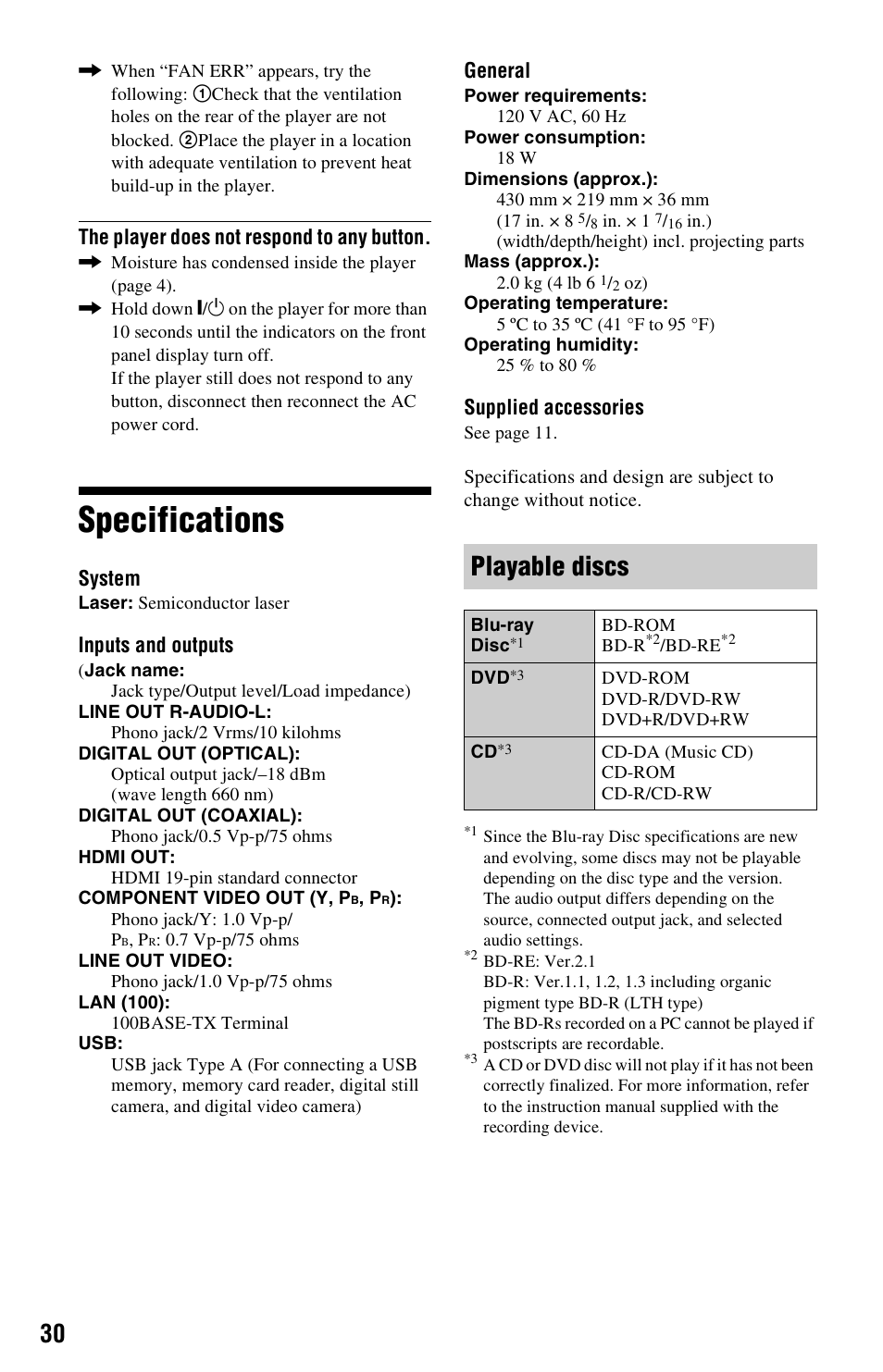 Specifications, Playable discs, The player does not respond to any button | System, Inputs and outputs, General, Supplied accessories | Sony BDP-S270 User Manual | Page 30 / 35