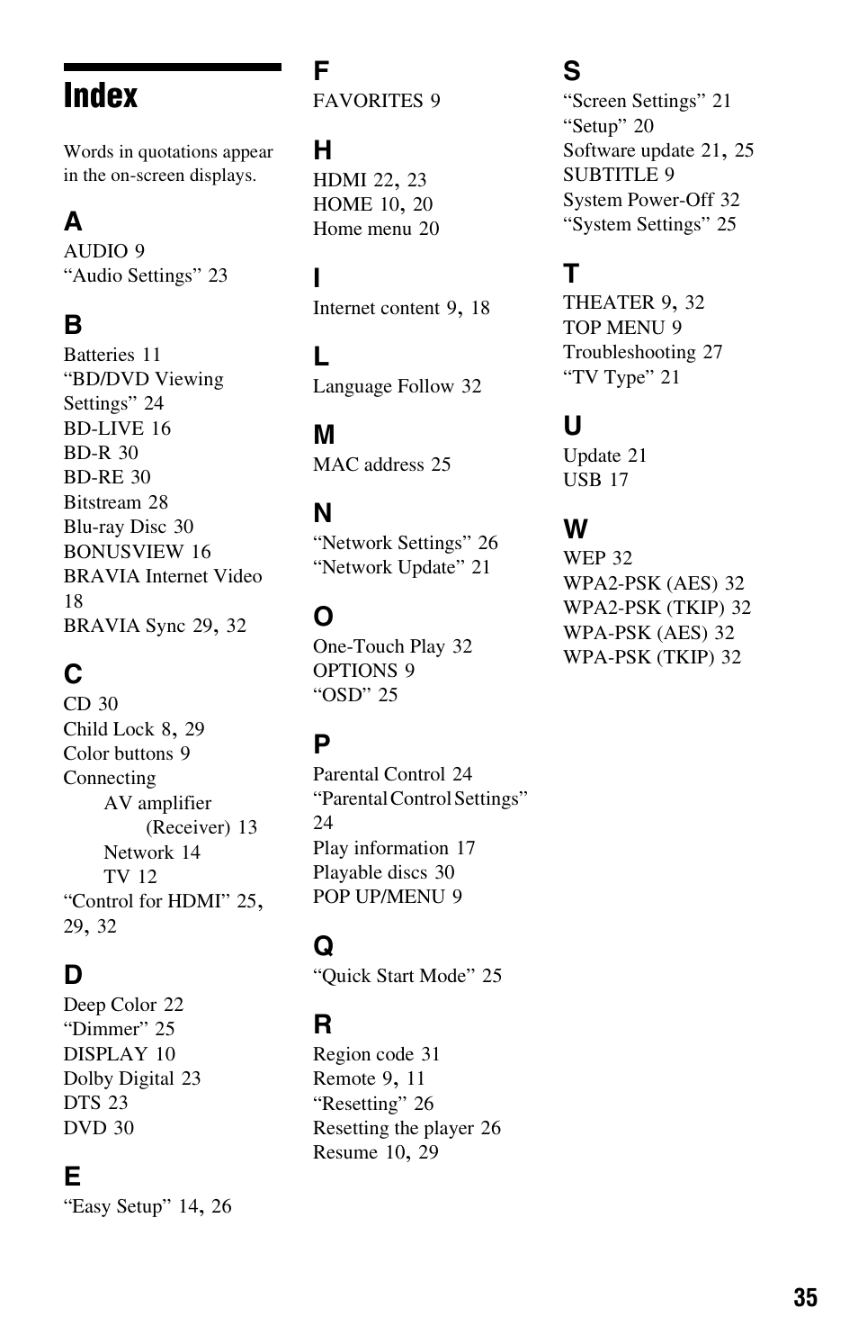 Index | Sony BDP-S270 User Manual | Page 35 / 35