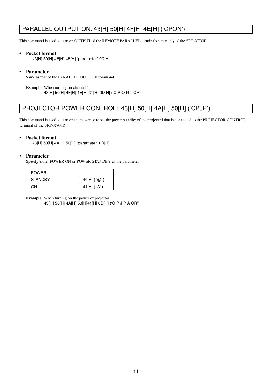 Parallel output on command, Projector power control command | Sony RS-232C User Manual | Page 11 / 62