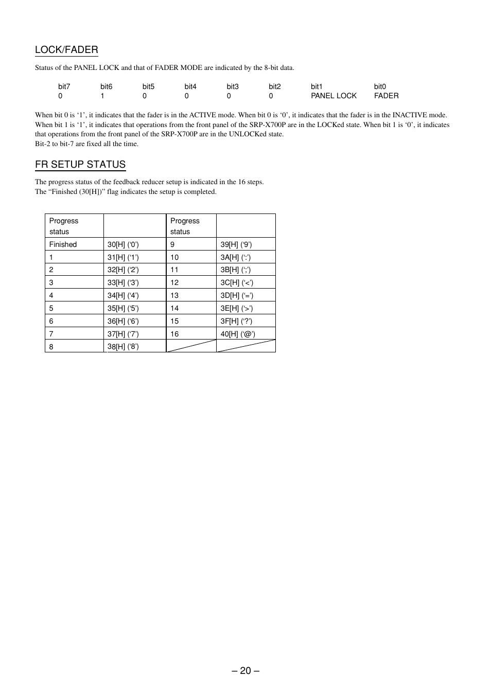 20 – lock/fader, Fr setup status | Sony RS-232C User Manual | Page 20 / 62