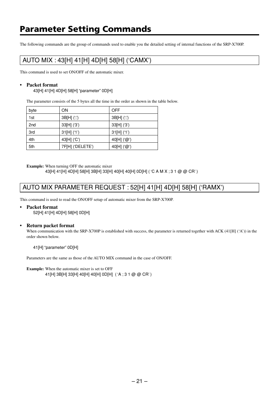 Parameter setting commands, Auto mix command, Auto mix parameter request command | Sony RS-232C User Manual | Page 21 / 62