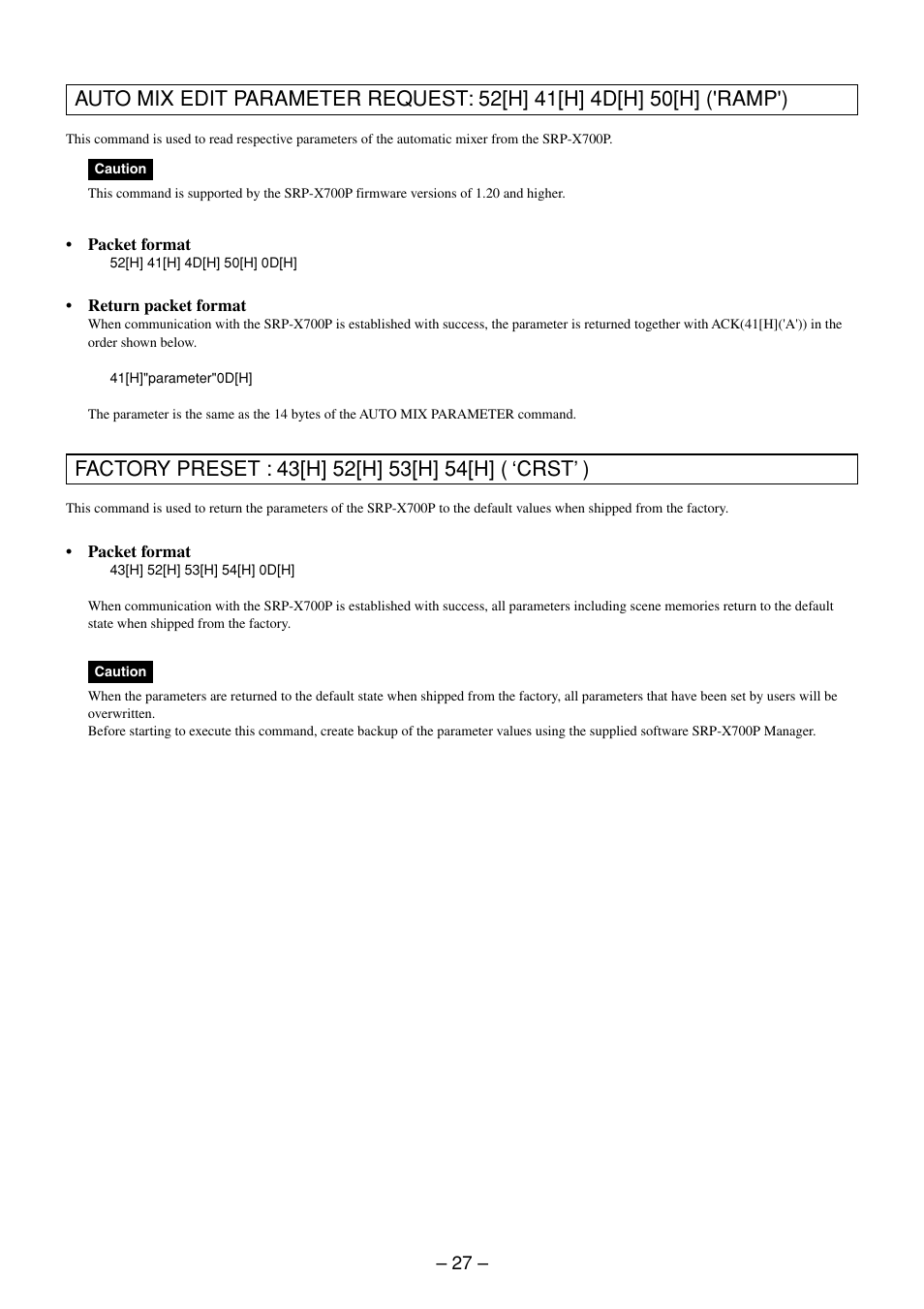Auto mix edit parameter request command, Factory preset command | Sony RS-232C User Manual | Page 27 / 62