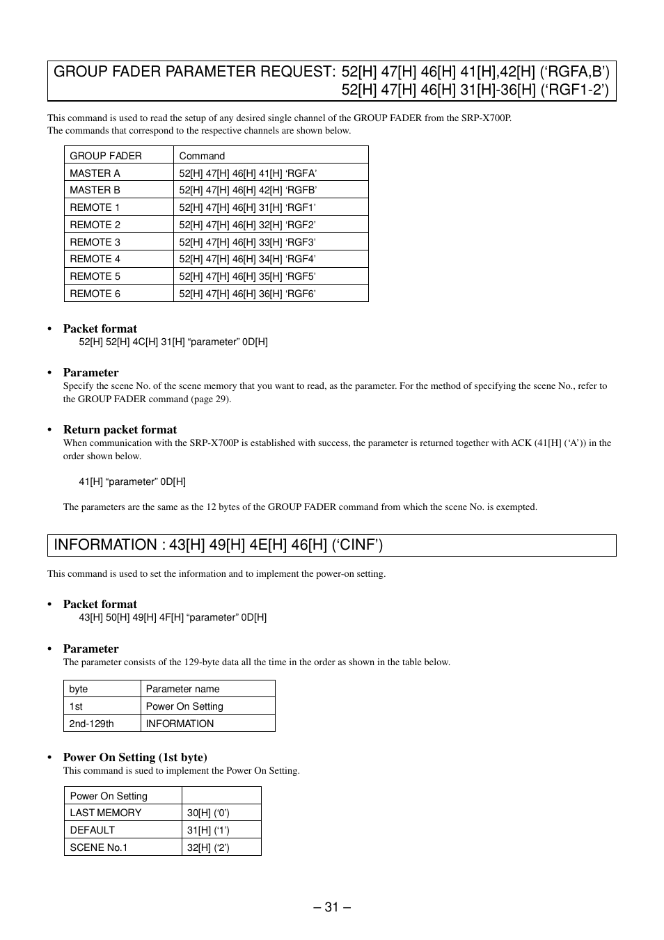 Group fader parameter request command, Information command | Sony RS-232C User Manual | Page 31 / 62