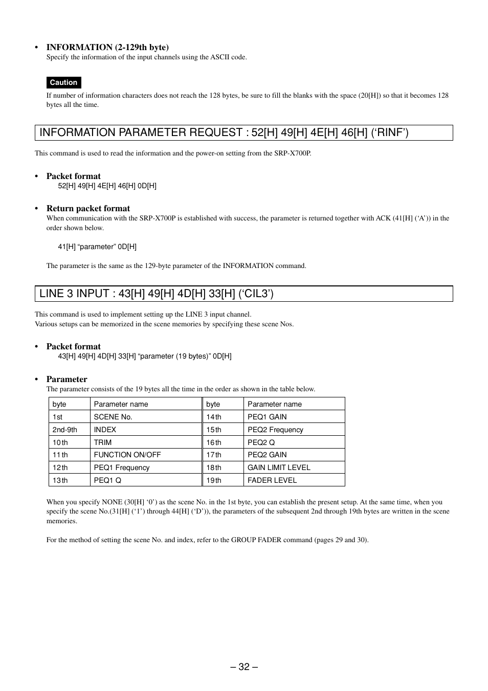 Information parameter request command, Line 3 input command | Sony RS-232C User Manual | Page 32 / 62