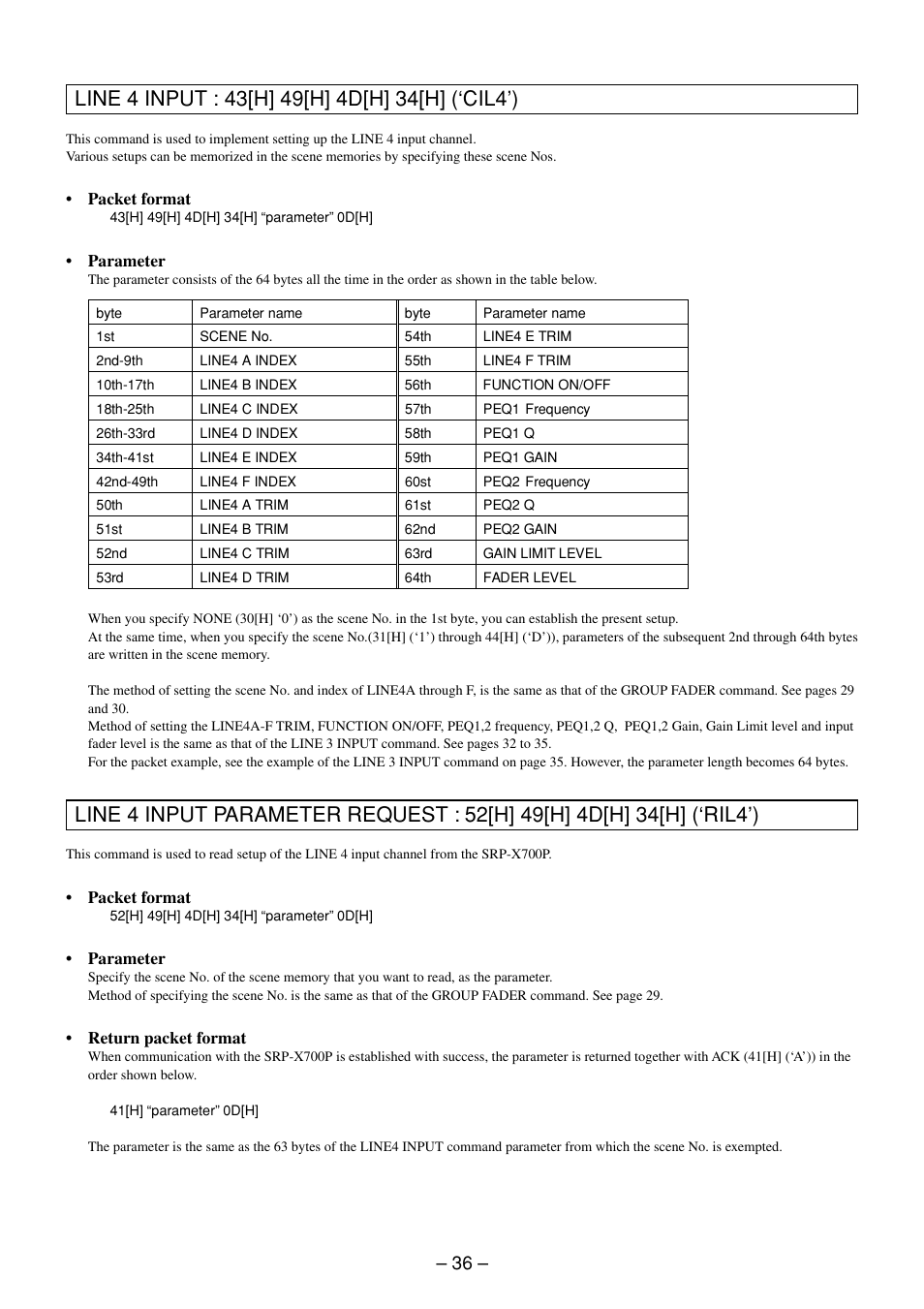 Line 4 input command, Line 4 input parameter request command | Sony RS-232C User Manual | Page 36 / 62