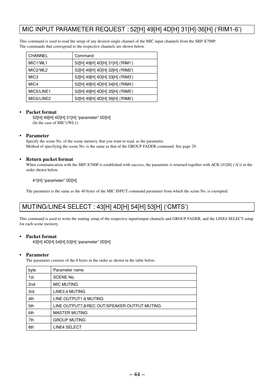 Mic input parameter request command, Muting/line4 select command | Sony RS-232C User Manual | Page 44 / 62