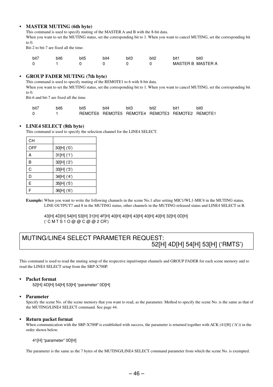 Muting/line4 select parameter request command | Sony RS-232C User Manual | Page 46 / 62