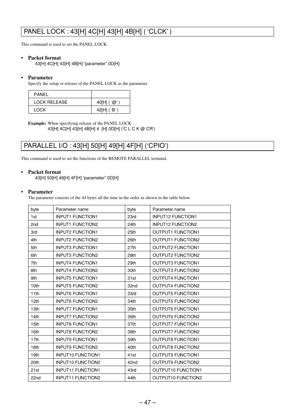 Panel lock command, Parallel i/o command | Sony RS-232C User Manual | Page 47 / 62