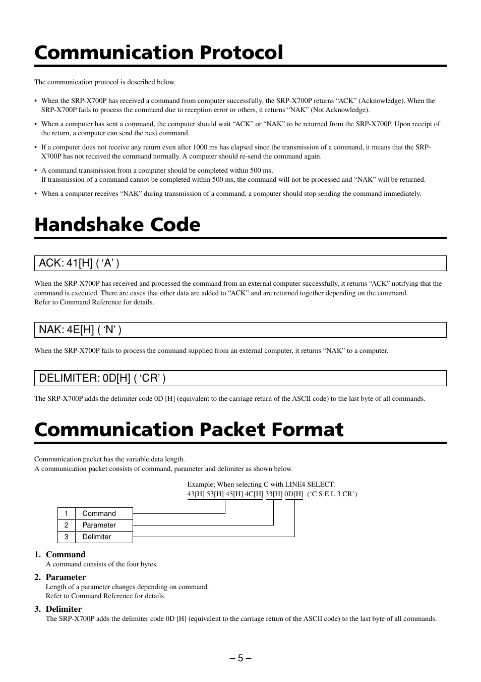 Communication protocol, Handshake code, Communication packet format | Ack: 41[h] ( ‘a’ ), Nak: 4e[h] ( ‘n’ ), Delimiter: 0d[h] ( ‘cr’ ) | Sony RS-232C User Manual | Page 5 / 62