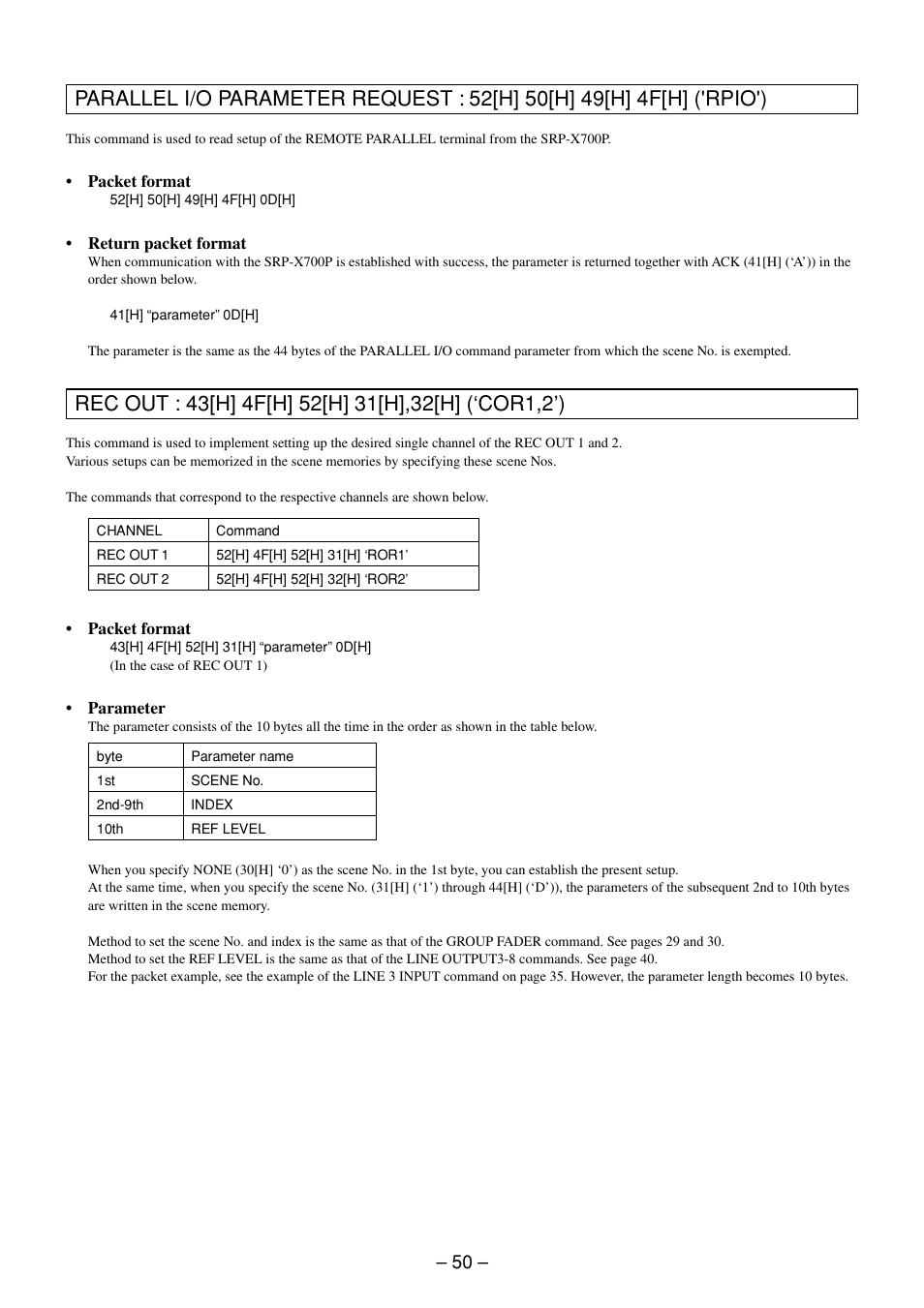 Parallel i/o parameter request command, Rec out command | Sony RS-232C User Manual | Page 50 / 62
