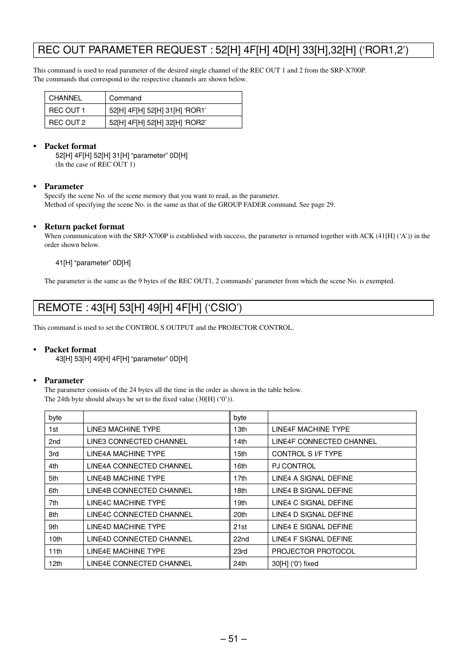 Rec out parameter request command, Remote command | Sony RS-232C User Manual | Page 51 / 62