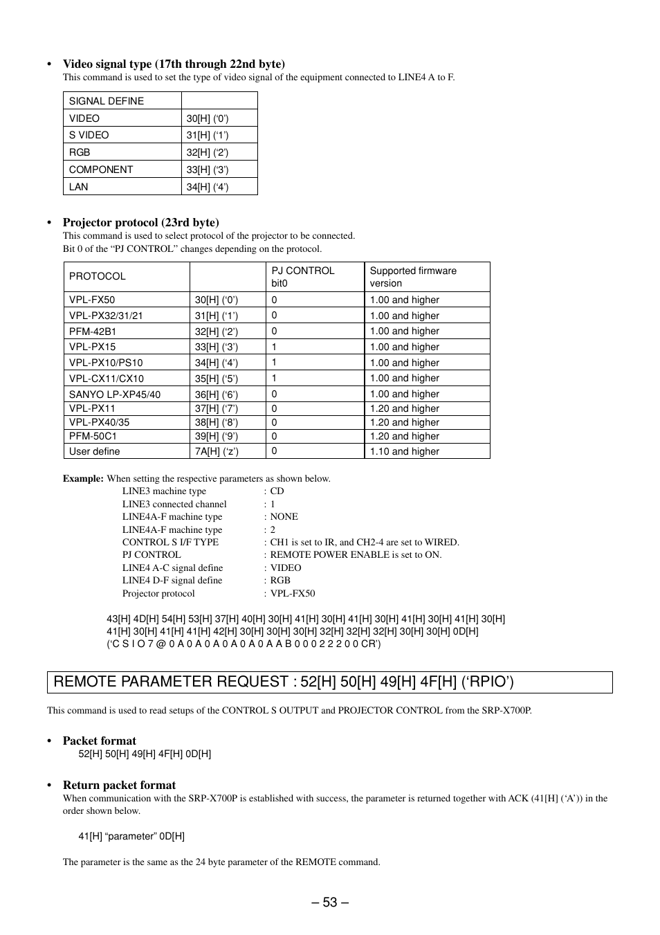 Remote parameter request command | Sony RS-232C User Manual | Page 53 / 62